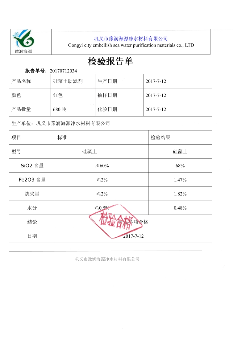硅藻土助濾劑質(zhì)量檢驗(yàn)報(bào)告